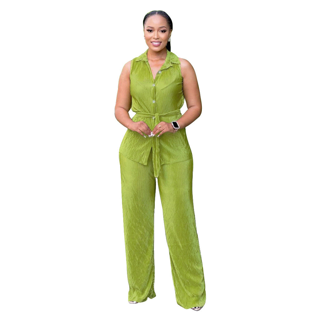 Fashionable Women's Sleeveless Pleated Casual Two Piece Pants Set 7