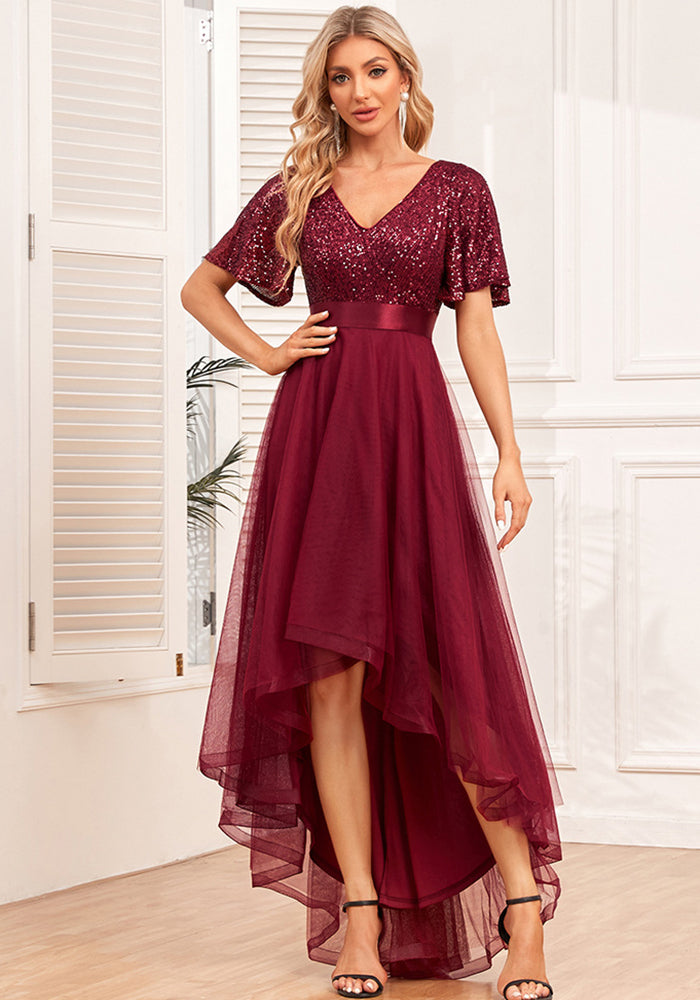 Elastic waist Mesh Patchwork elegant v-neck ruffled short-sleeved evening dress