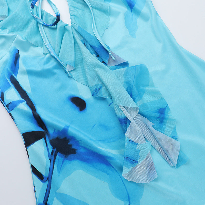 Women Holidays Print V-neck Lace-Up Ruffle Slit Dress 12