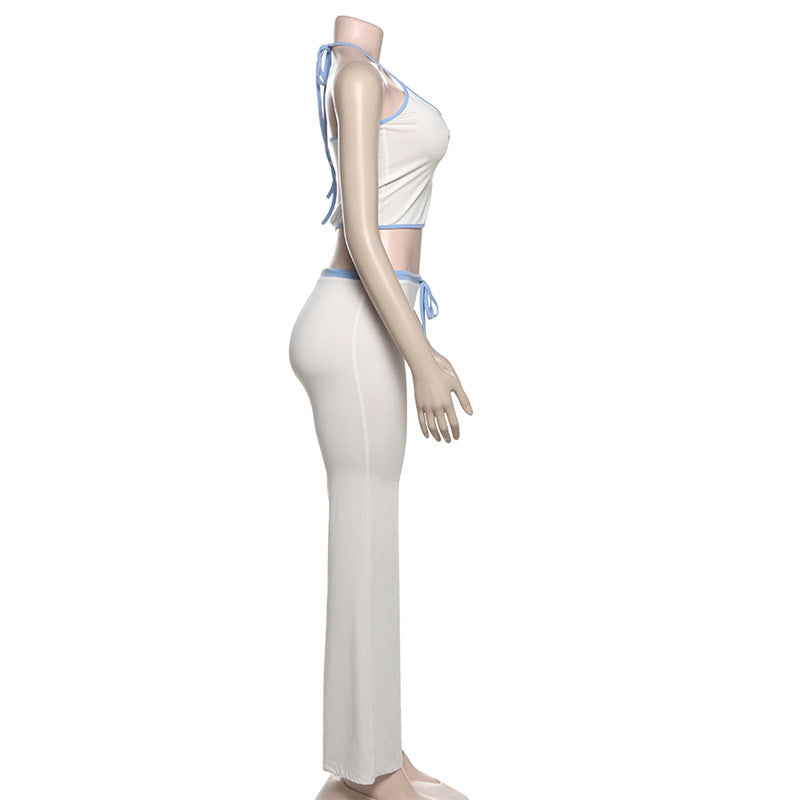 Spring Women Style Beaded Halter Neck Suspender Tank Top Contrast Color Pants Two-Piece Set 7