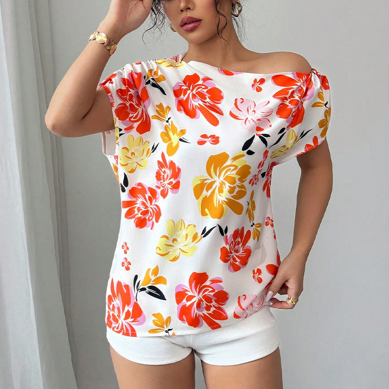 Slash Shoulder Shirt Summer Women's Pullover Holidays Short Sleeve Blouse 7