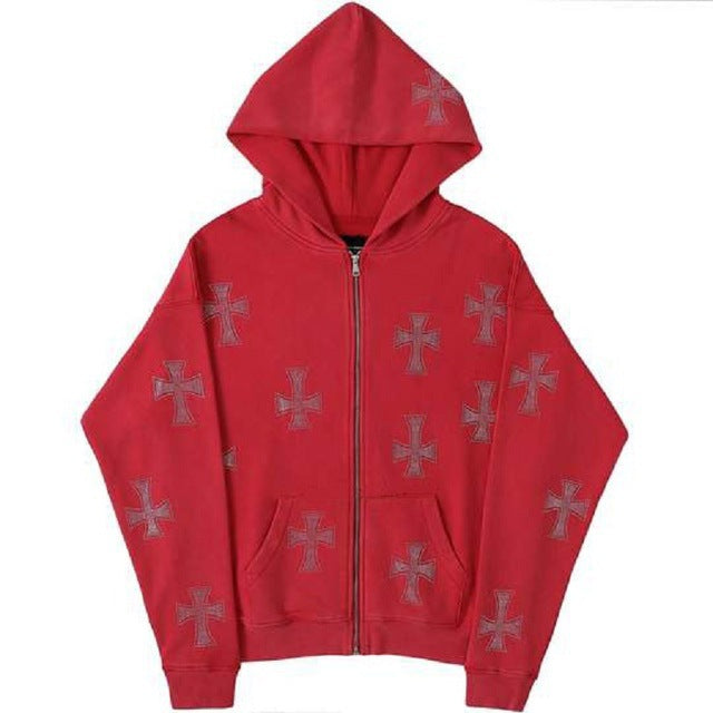 Women Autumn Loose Cross Beaded Zipper Hoodies 3
