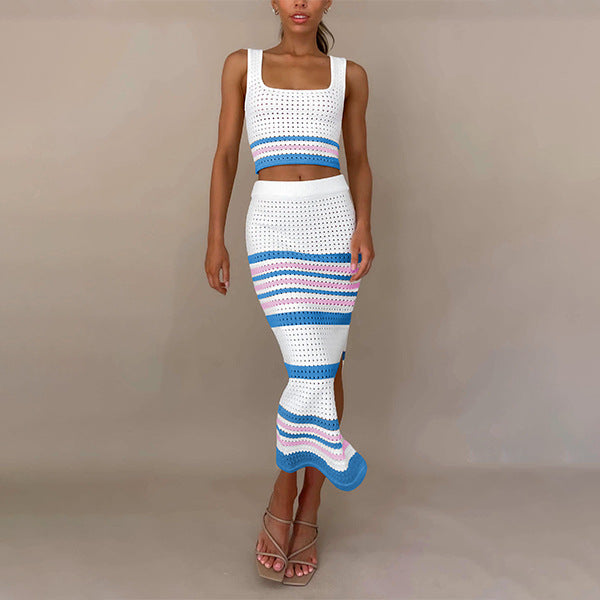 Women Contrast Color Striped Tank Top and Skirt Two-piece Set 7