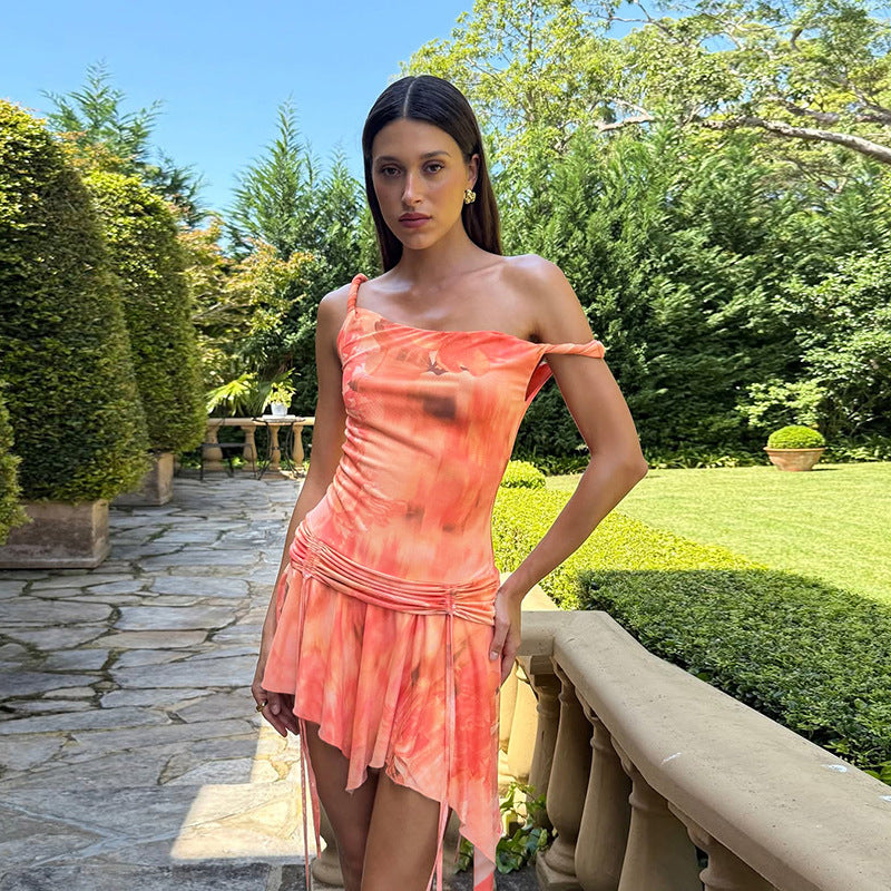 Spring and Summer Women's Slash Shoulder Contrast Color Slim Sexy Low Back Bodycon Print Dress 3