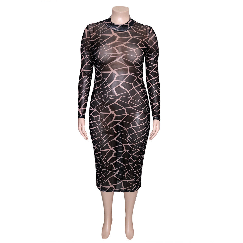 Women's Fashion Ladies Printed Mesh Round Neck Long Sleeve Maxi Plus Size Dress 8