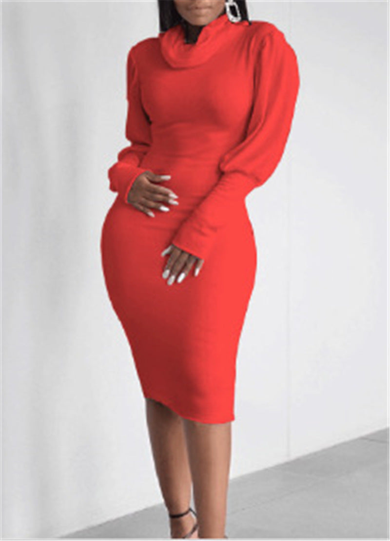 Women Fall High Neck Long Sleeve Bodycon Dress 11