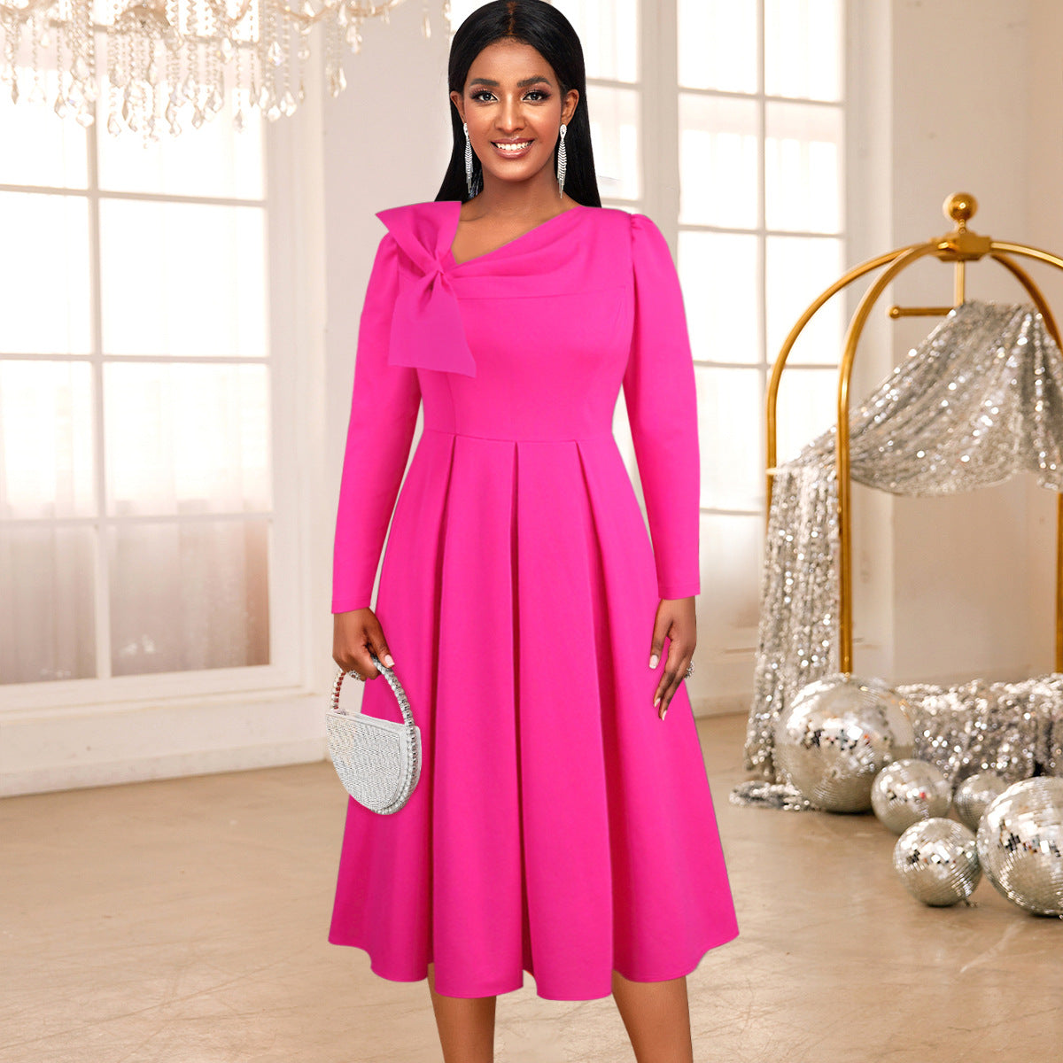 Plus Size Women Autumn Formal Party Party Elegant Bow Long Sleeve Dress 3