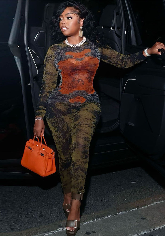 Women autumn sexy street print long sleeve jumpsuit