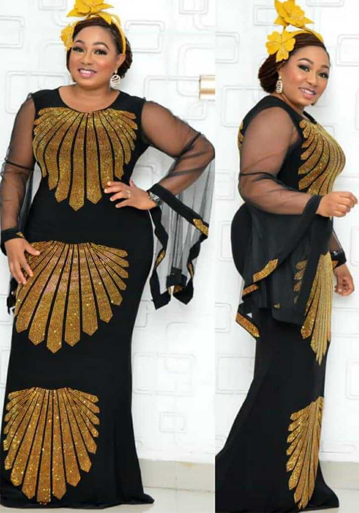 African Fashion Mesh Bell Bottom Sleeve Beaded Fishtail Plus Size Long Dress