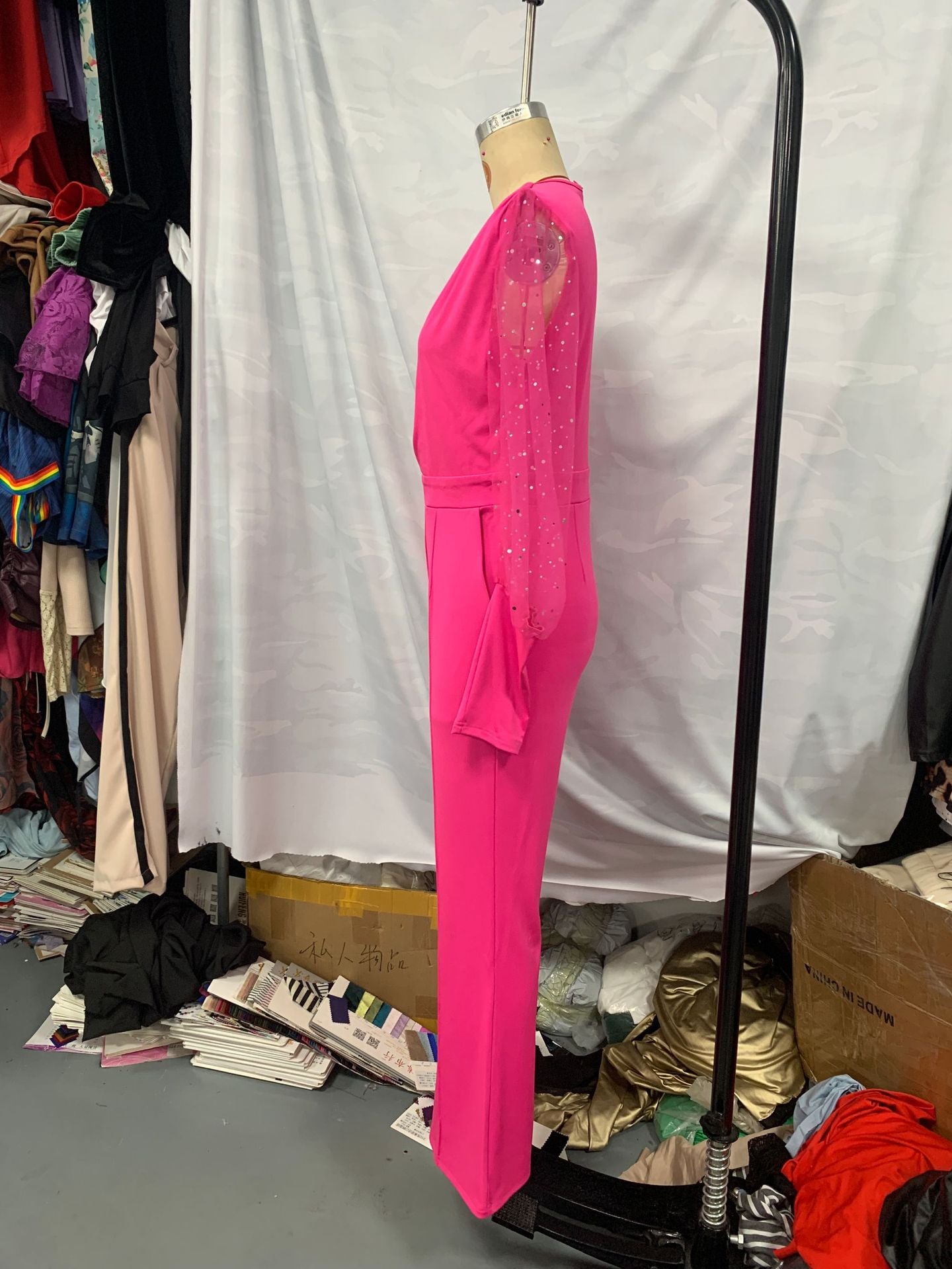 Women autumn V-neck mesh patchwork wide-leg jumpsuit 5