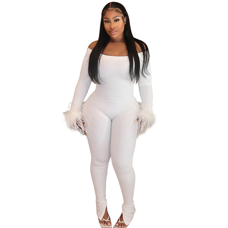 Women's Autumn Winter Solid Color Off-Shoulder Furry Long Sleeve Slit Leg Sim Tight Jumpsuit 13