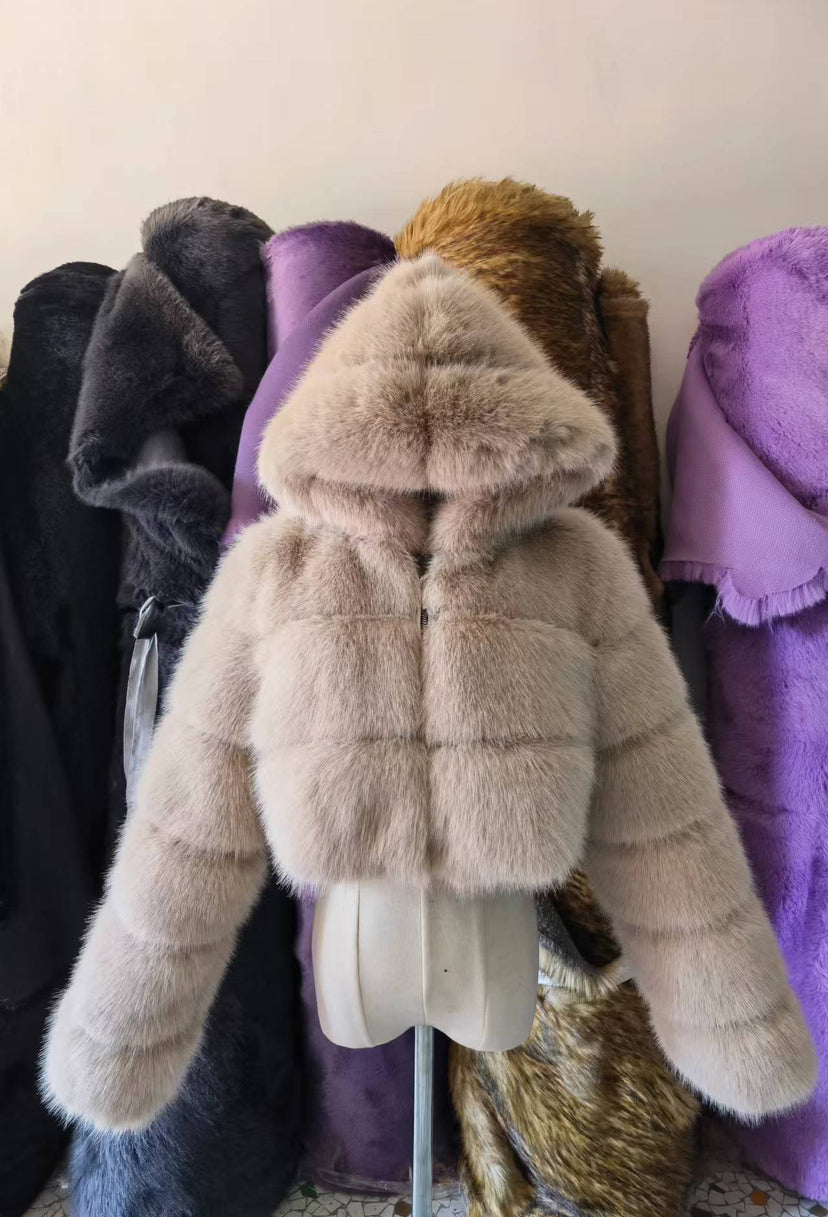 Fur Coat Cropped Hooded Faux Fur Coat Long Sleeve Patchwork Women's Coat 67