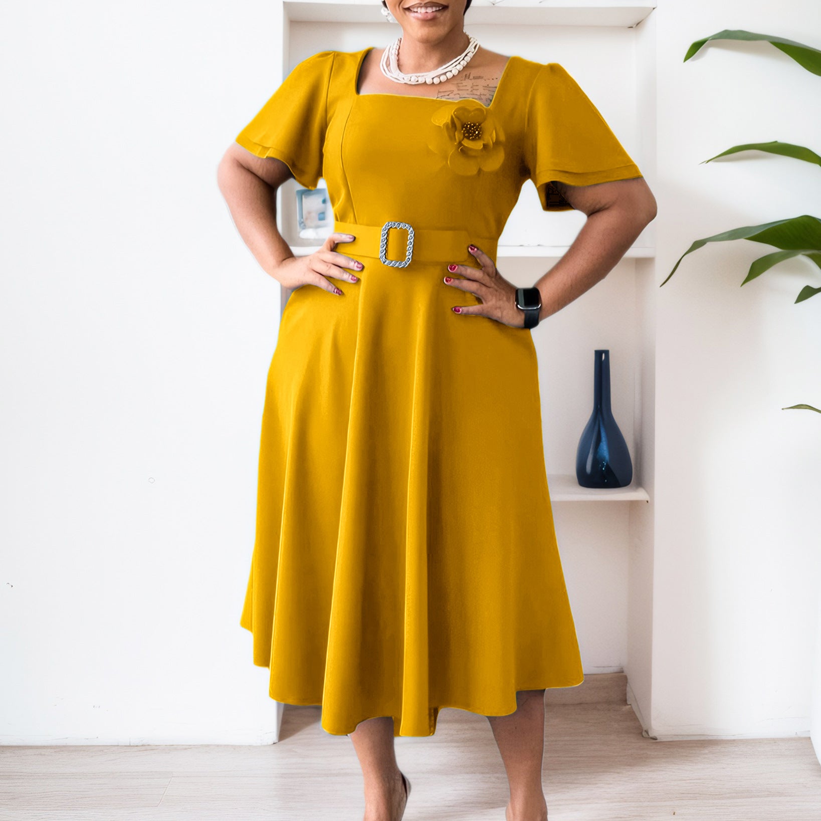 Women summer square neck solid African dress