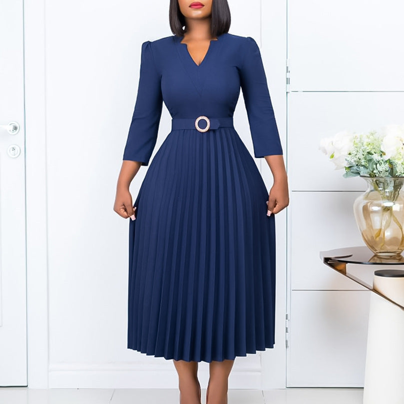 Women Autumn V-neck Elegant Pleated Dress 13