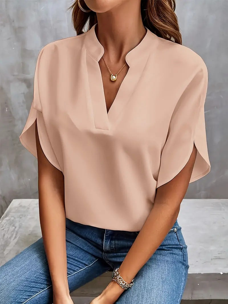 Women Summer Casual Solid V-Neck Loose Shirt 8