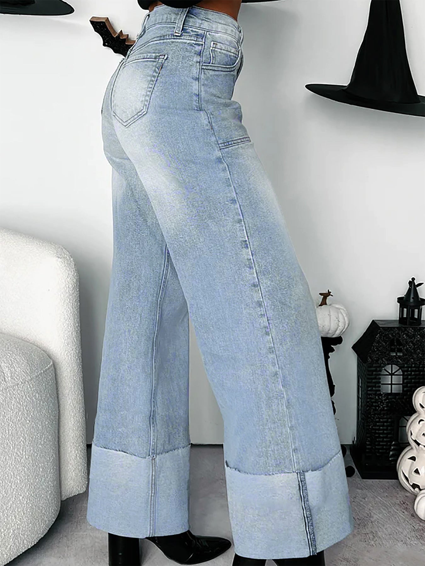 Women's High Waist Folded Hem Washed Straight Denim Trousers 4