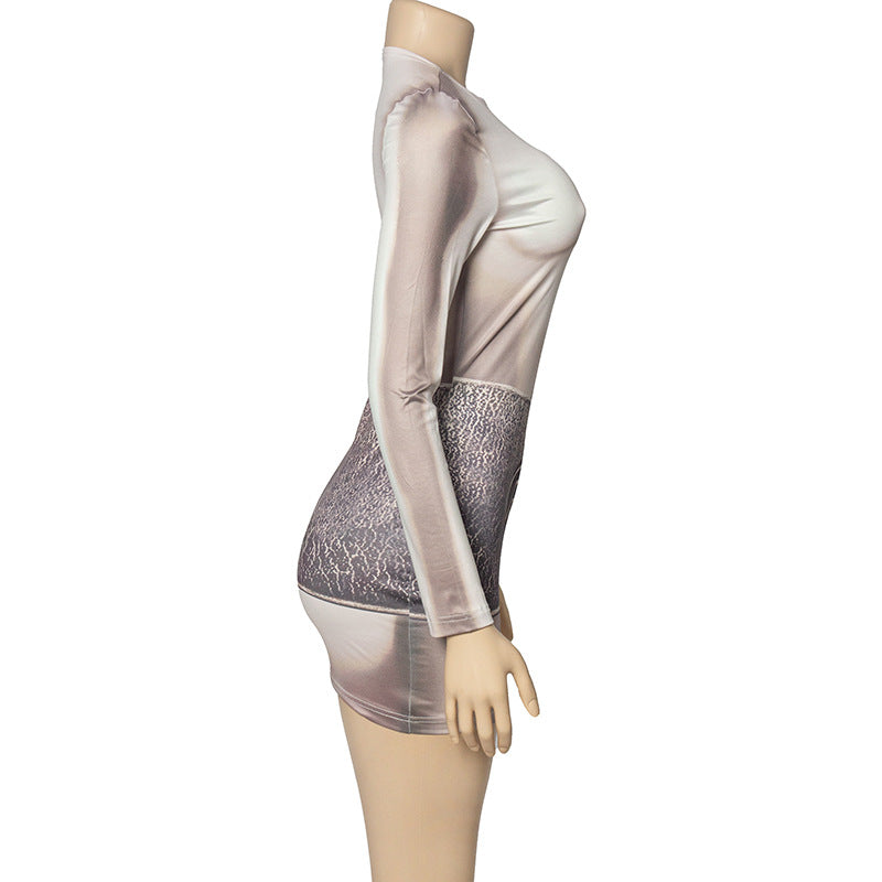 Fall Round Neck Long Sleeve Printed Slim Fit High Waist Bodycon Short Dress 8