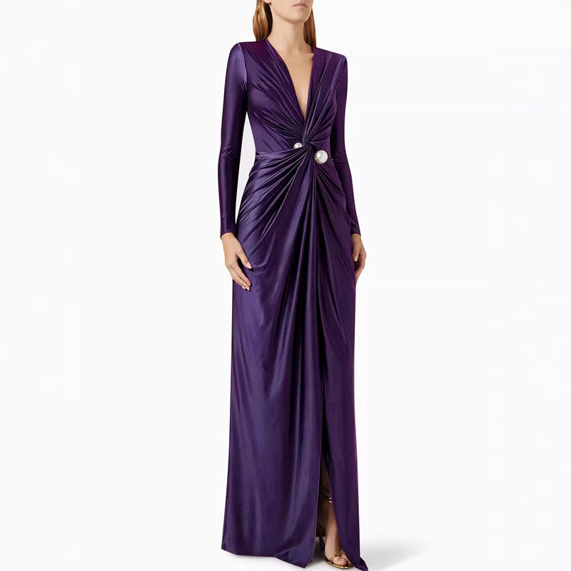 Women pleated solid lace long sleeve v neck maxi dress 6