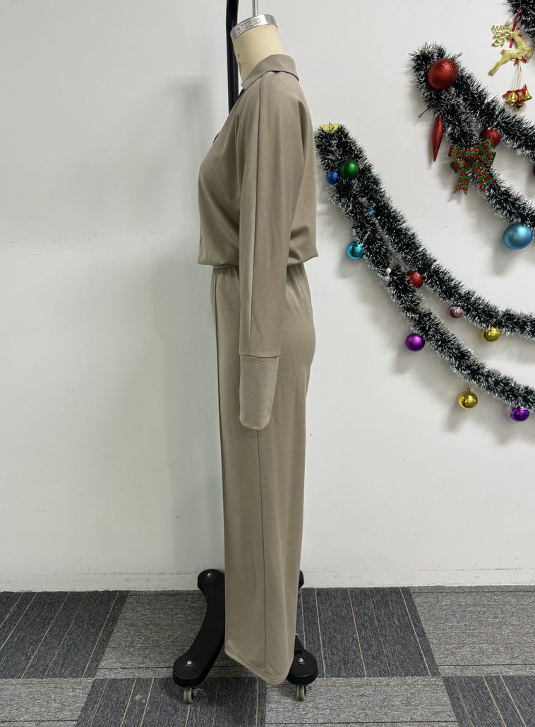 Women Elegant Career Casual V-Type Turndown Collar Long Sleeve Top and Pant Two Piece 7