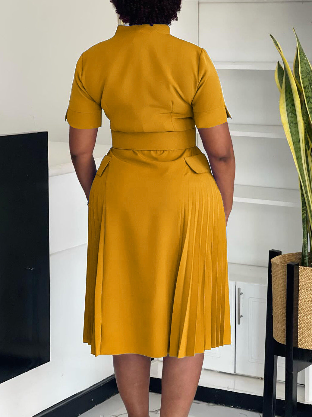 Women's Fashion Chic V-Neck Solid Color Plus Size Pleated High-Waist African Dress 9