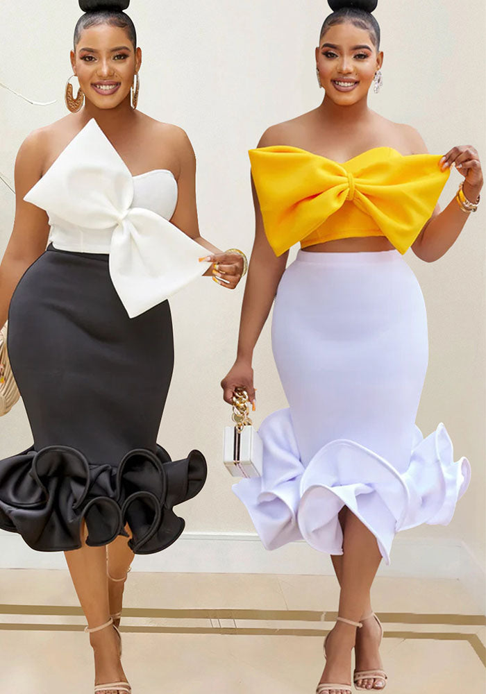 Women Sleeveless Strapless Bow Top and Bodycon Skirt Two-Piece Set
