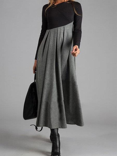 Autumn and Winter Contrast Color V-Neck Long Sleeve Patchwork Swing Dress 4