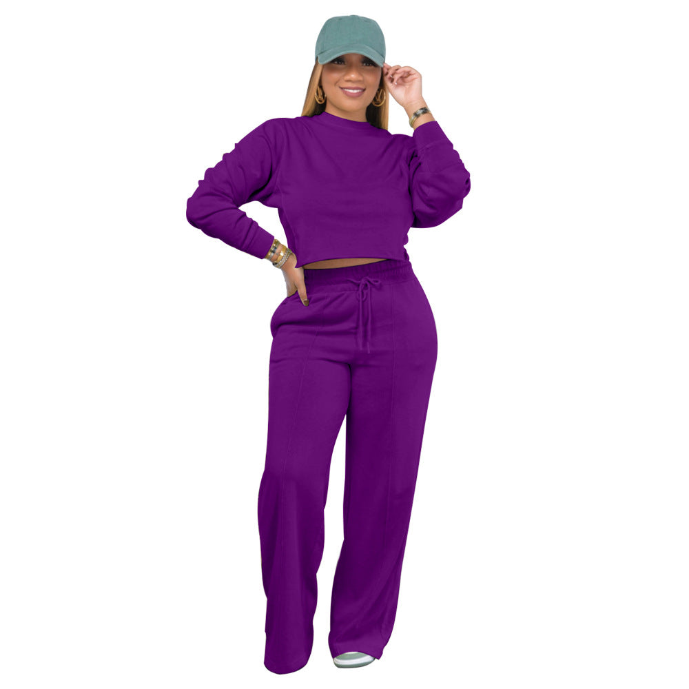 Solid Color Long Sleeve Pocket Straight Pants 2 Piece Set 20