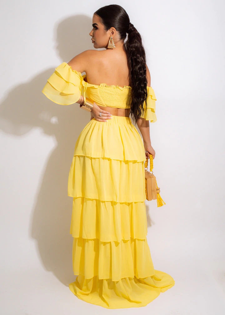 Stylish Off Shoulder Ruffled Two Piece Skirt Set 5