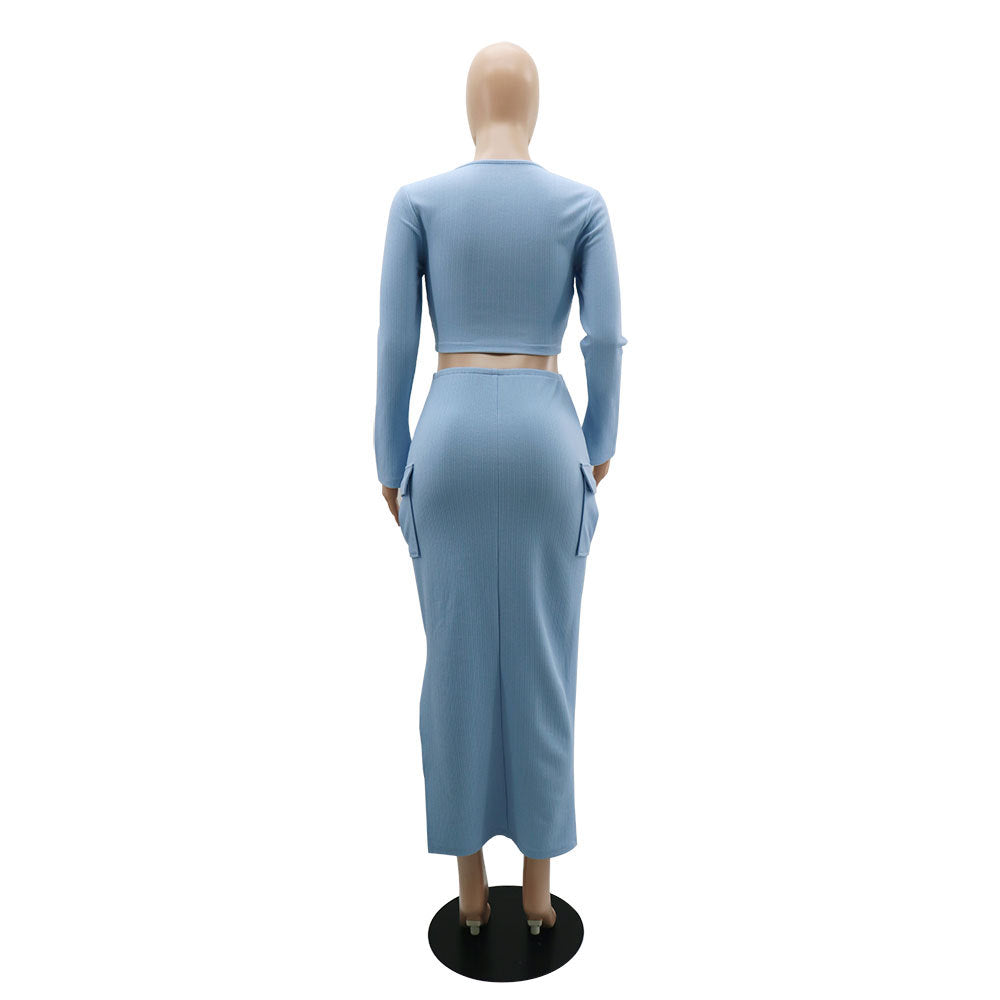 U-neck Tight Fitting short top with high waist and slit Bodycon long skirt autumn and winter two-piece set 33