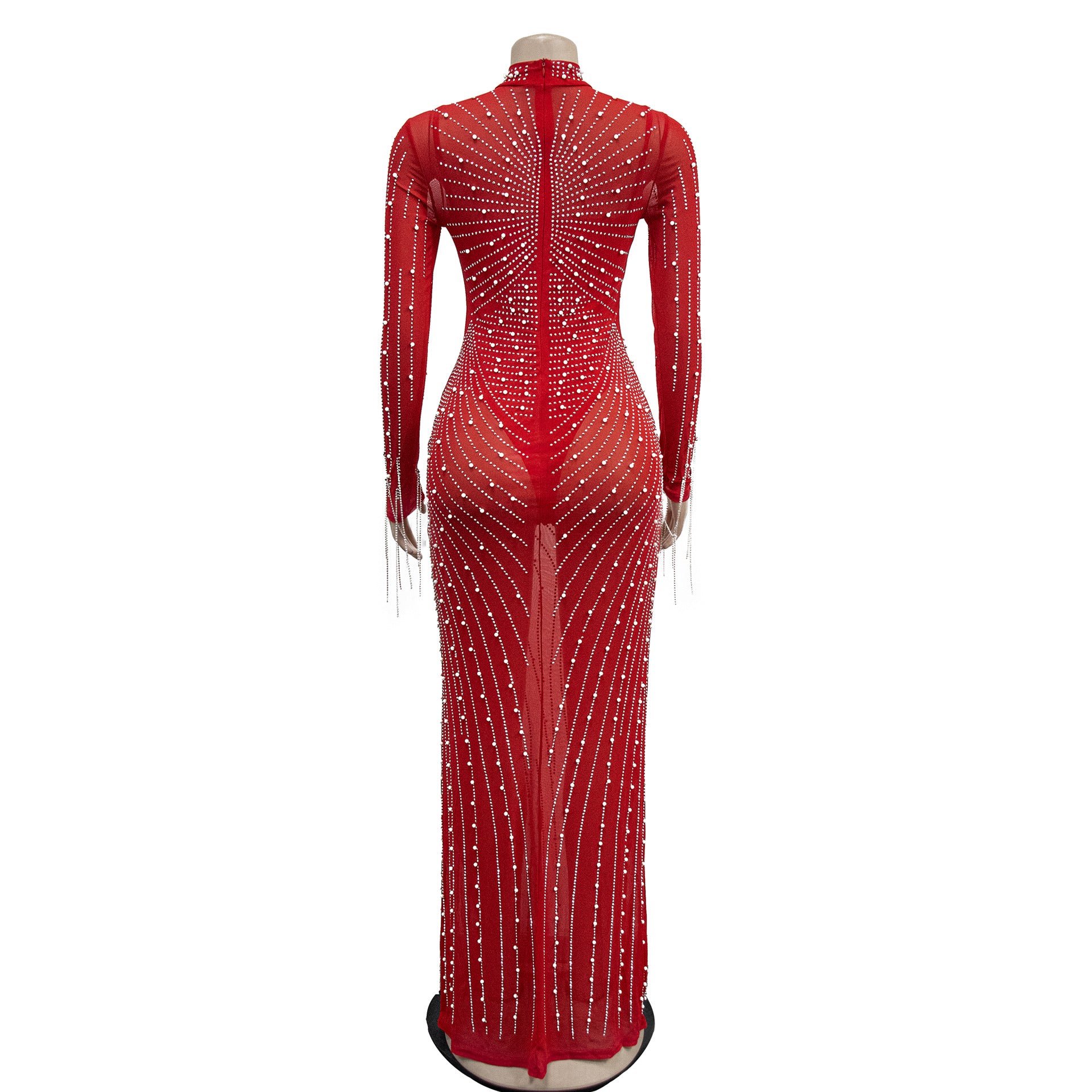 Women Mesh See-Through Beaded Long Sleeve Maxi Dress Set 20