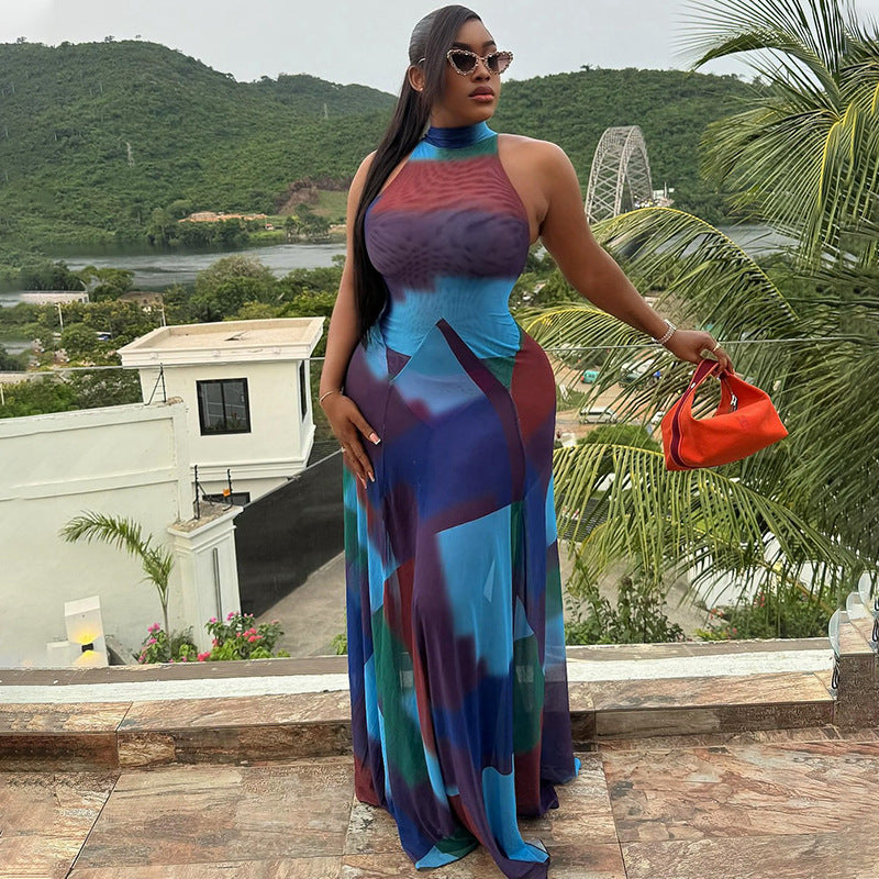 Women's Fashion Print Halter Low Back Sleeveless Color Matching Maxi Dress 5