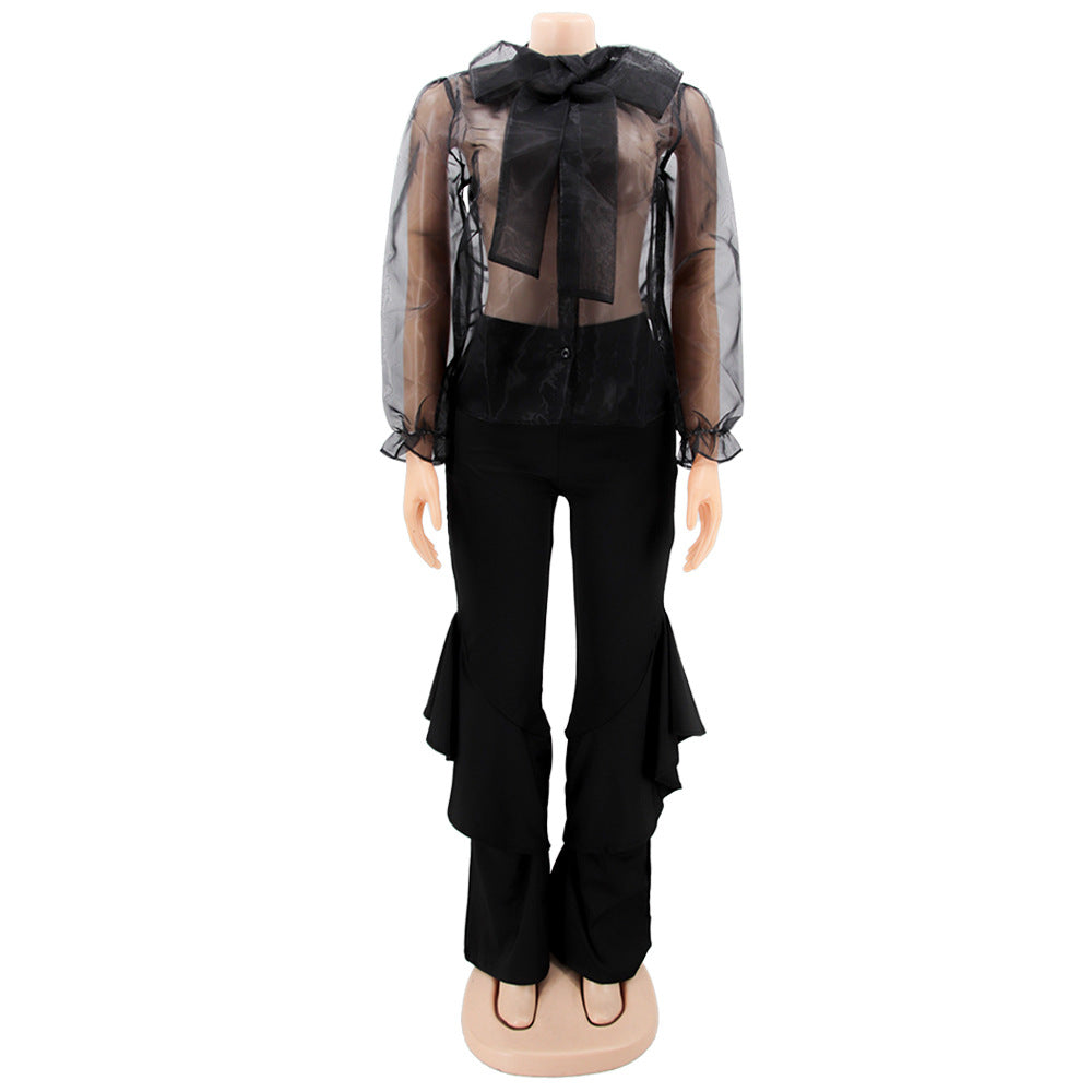 Sexy Mesh Tops Bell Bottom Pants Women's Casual Two Piece Set 17