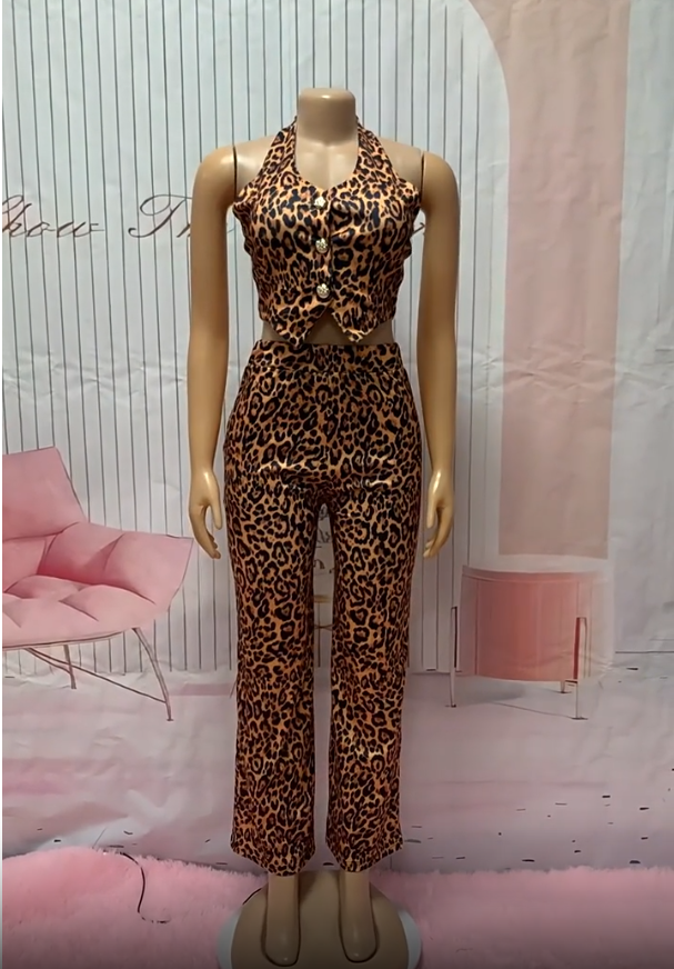 Fashion Leopard Print Sexy Sleeveless Two Piece Loose Pants Set 5