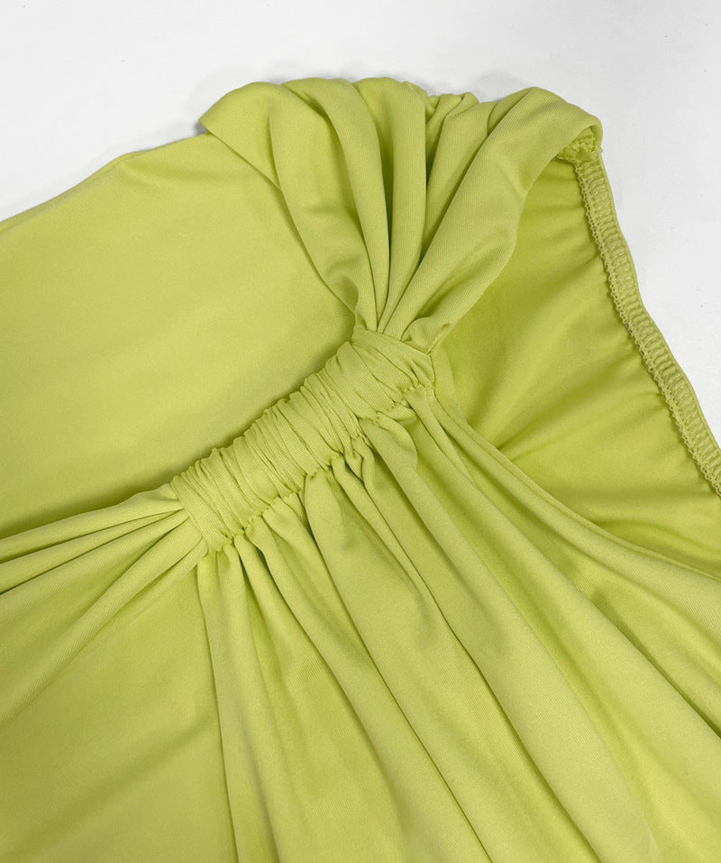 Women Summer Sexy One-shoulder Backless Strapless Solid Lace-Up Gathered Maxi Dress 32