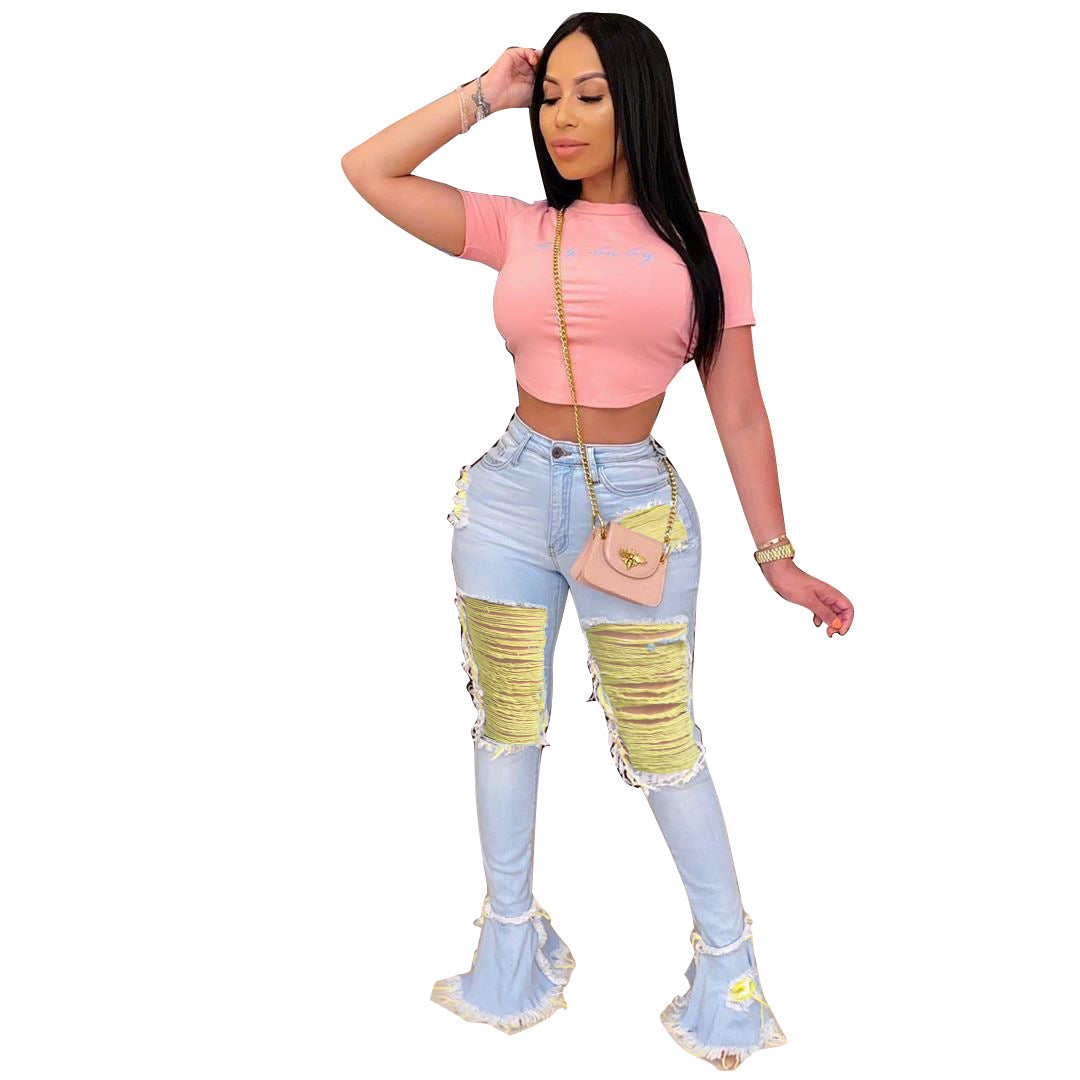 Women Ripped Tassel Denim Bell Bottom Pants 9