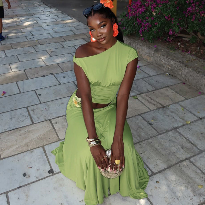 Solid Color Casual Pleated One-Shoulder Slash Shoulder Crop Top Long Skirt Two-Piece Women's Set 5