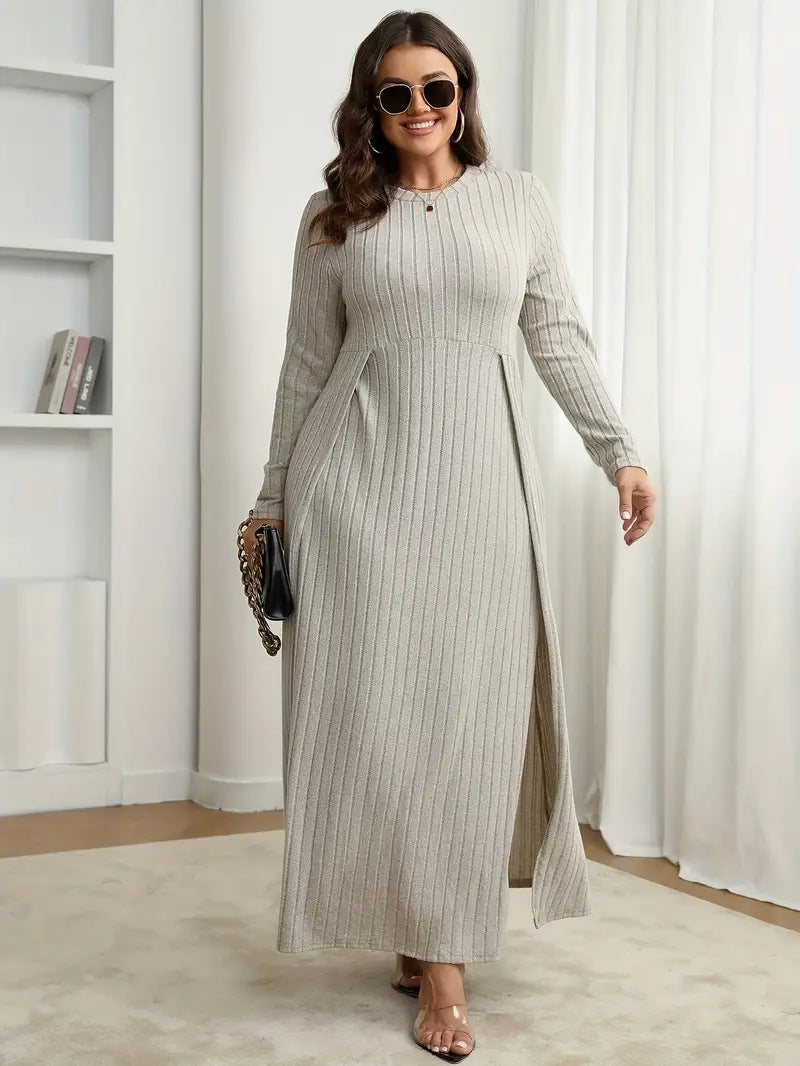 Women Round Neck Long Sleeve Autumn Winter Plus Size Dress 5