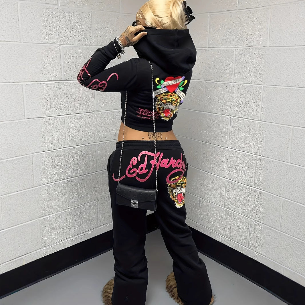 Women Casual Zipper Print Hoodies and Pants Two-piece Set 3