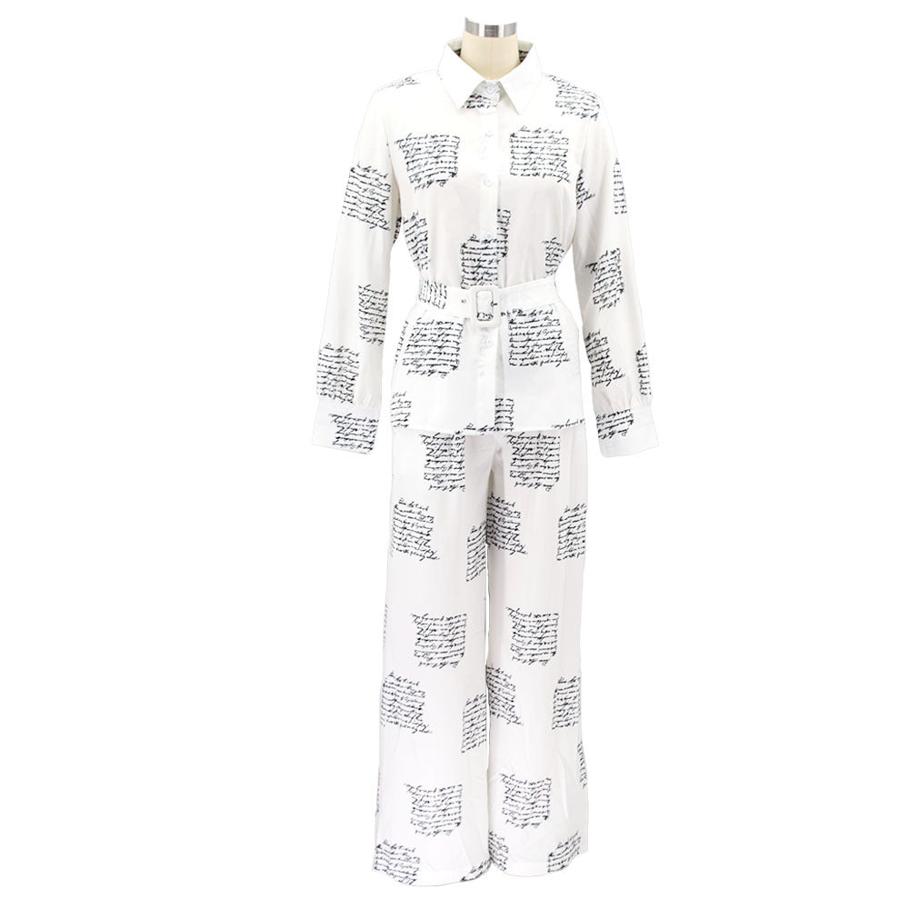 Women Irregular Printed Shirt and PantCasual Two-piece Set including Belt 11
