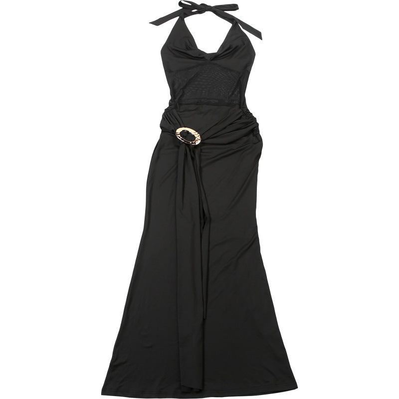 Autumn Women's Sexy Mesh Patchwork See-Through Slim Fit Halter Neck Lace-Up Dress 10