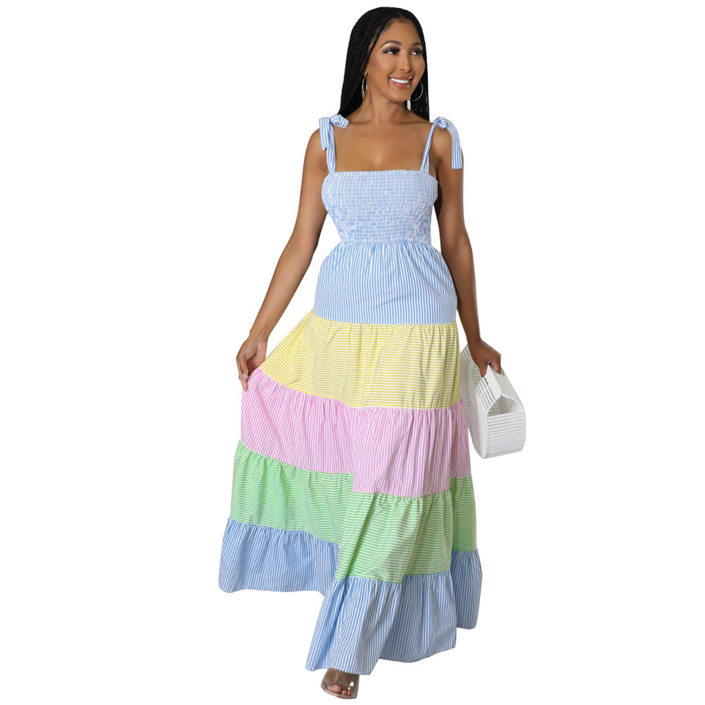 Women Fashion Contrast Striped Strap Maxi Dress 4