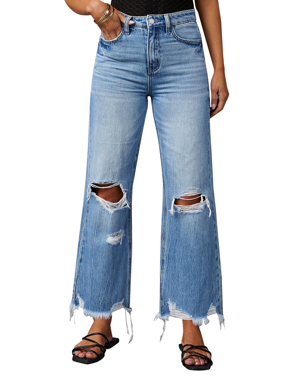 Tassel Washed Ripped Women's Denim Trousers Casual Mid-High Waist Wide Leg Pants 6