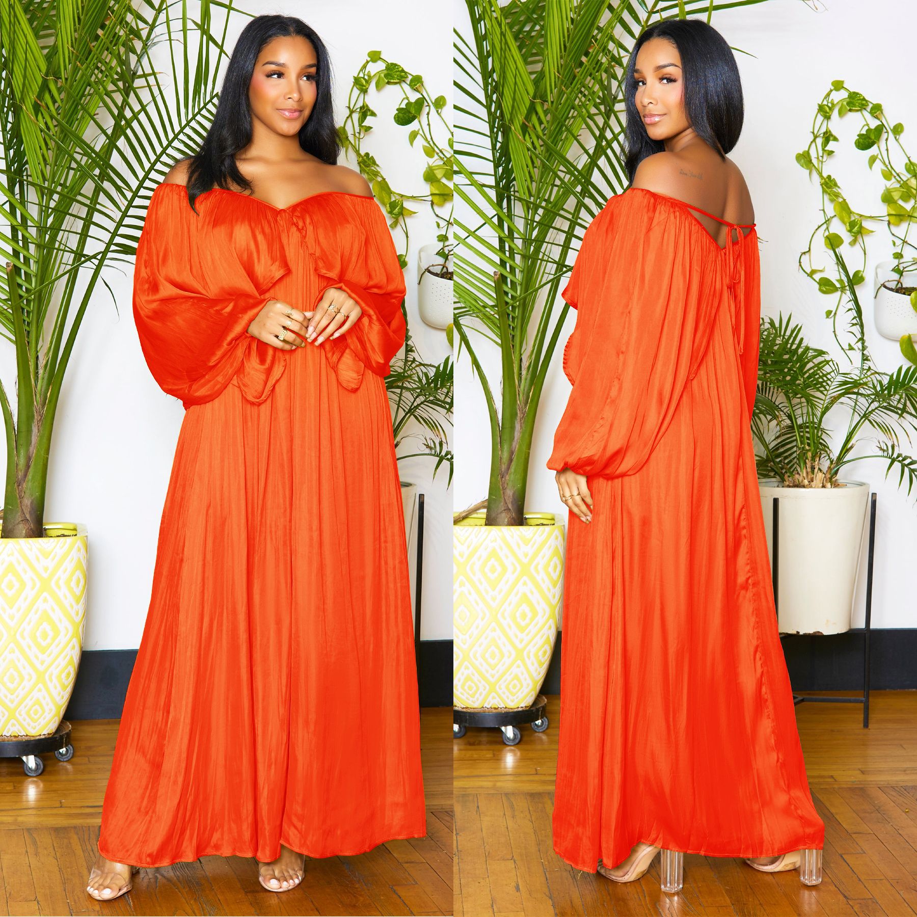 Women's Fashion Spring Autumn Chic Off Shoulder Sexy Dress Solid Color Color Bat Sleeves Maxi Dress 8