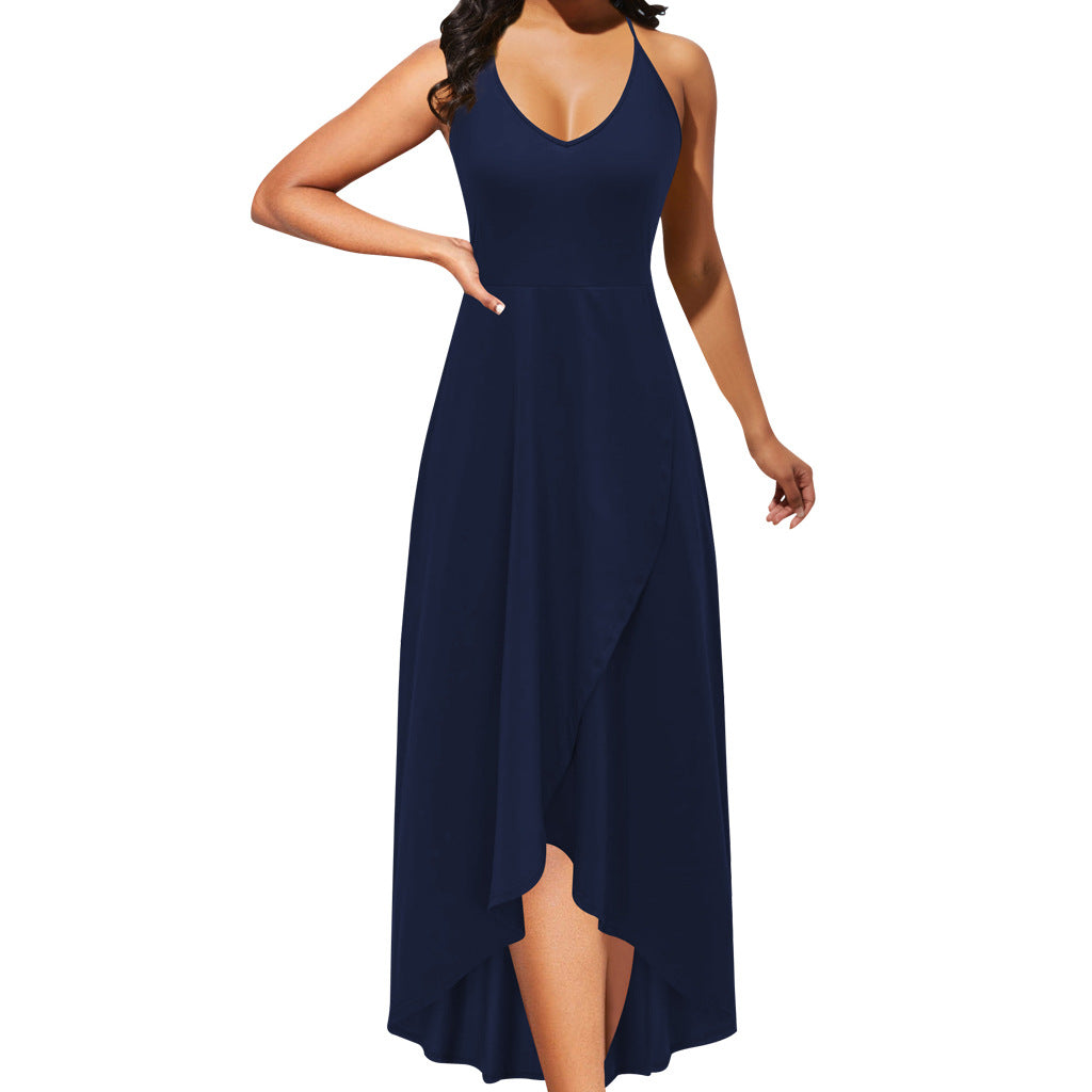 Women sexy solid color v-neck suspenders slit dress 8