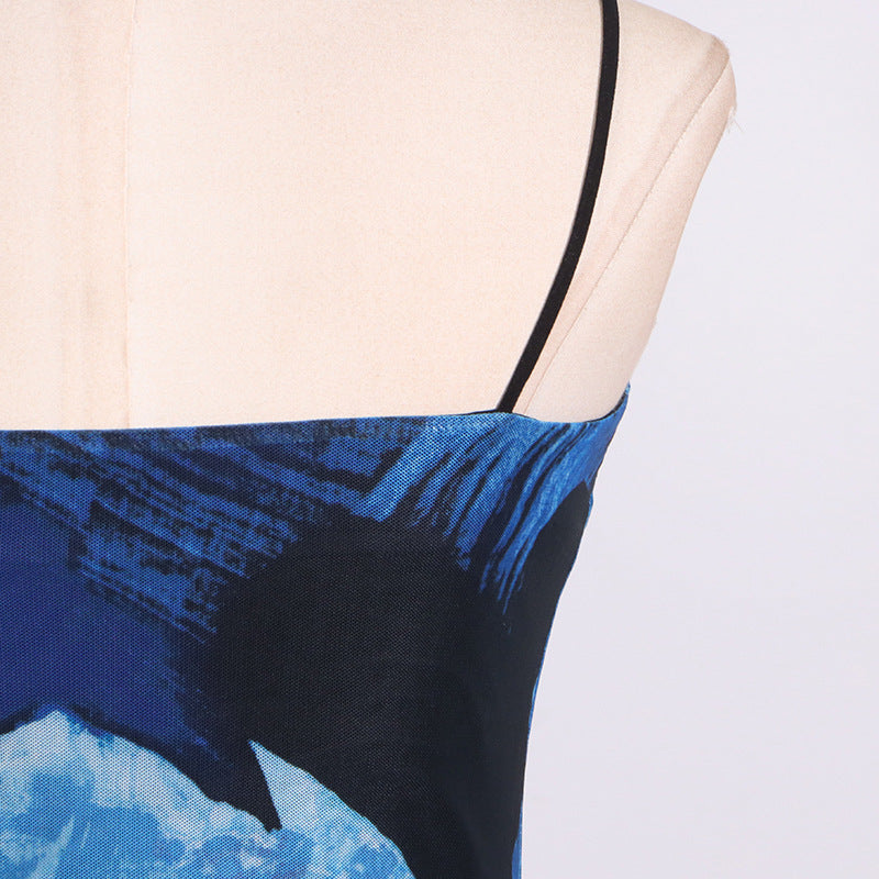 Women summer mesh print bodycon strap dress 13