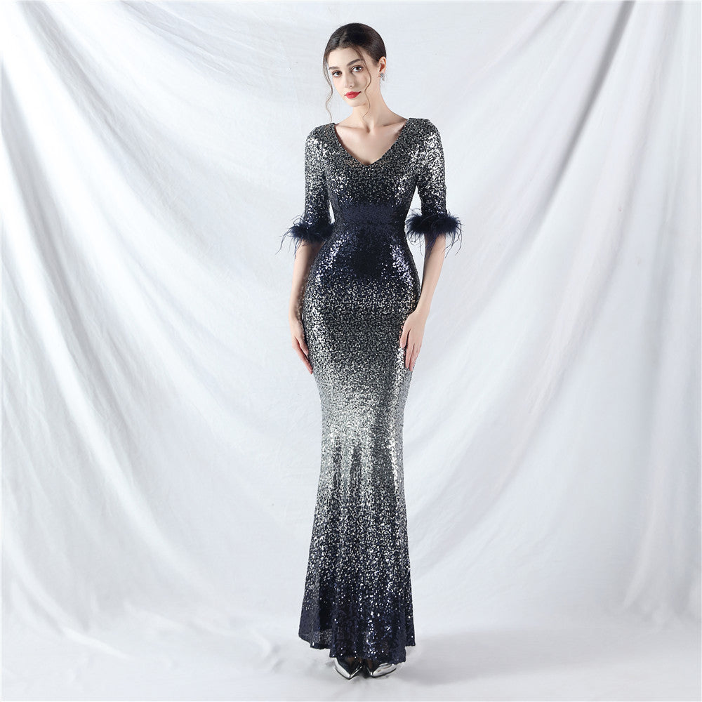 Elegant V-Neck Short Lseeve Sequins Mermaid Plus Size Formal Party Evening Dress 8