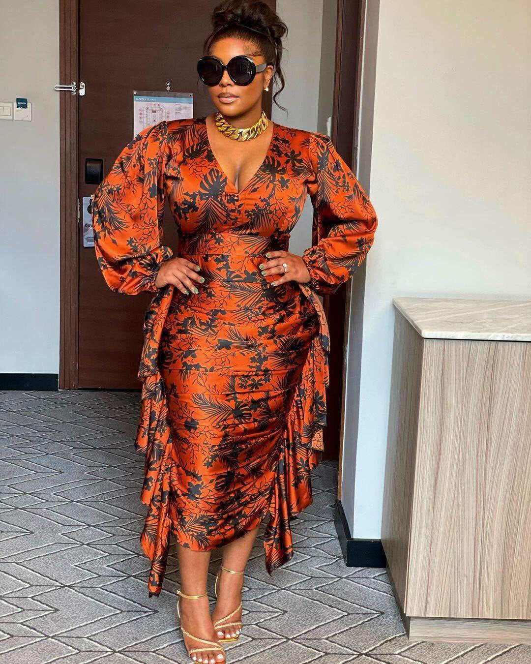 Sexy Printed Ruffled Balloon Sleeve Slim Long Sleeve Bodycon Dress 14