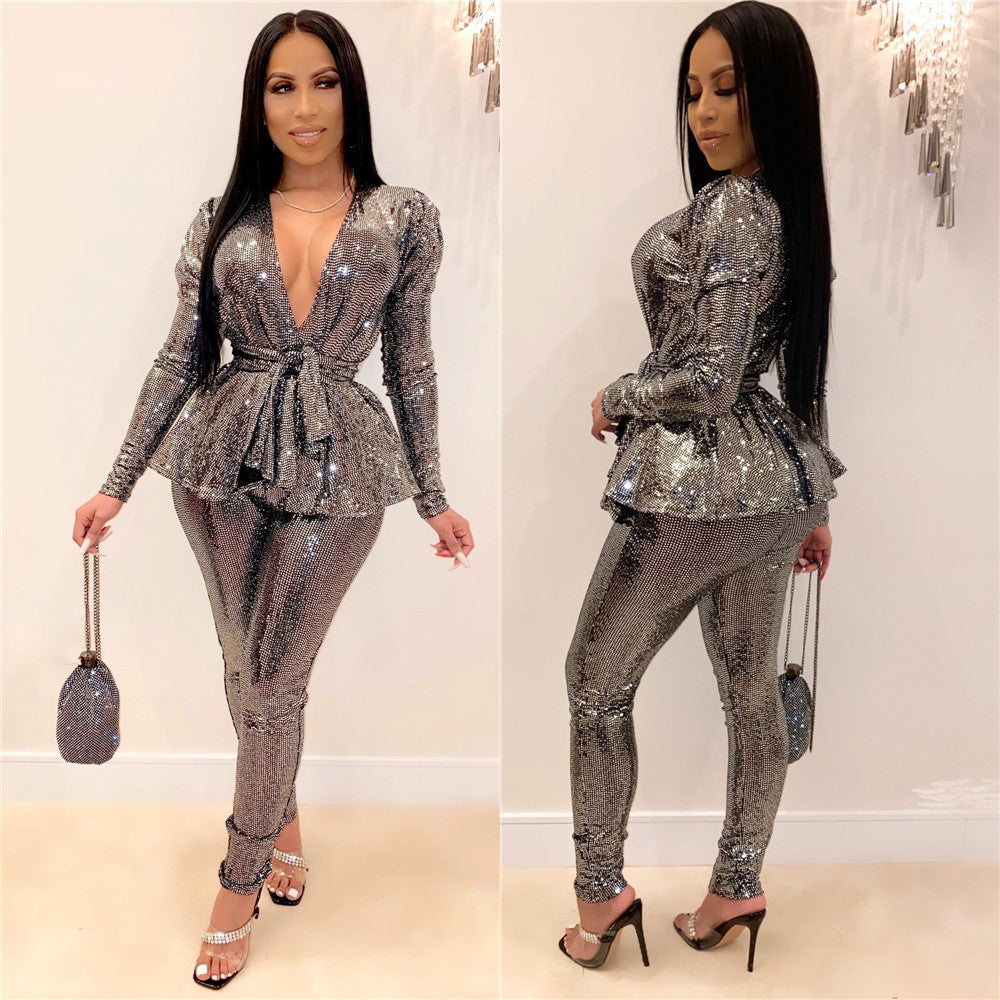 Women'S Slim Fashion Shiny Long Sleeve Suit With Belt 4