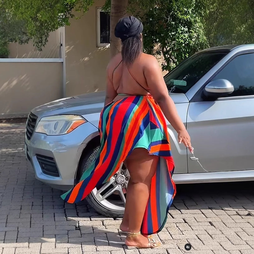 Sexy Low-Back Printed Halter Neck Lace-Up High-Slit Maxi Dress 5