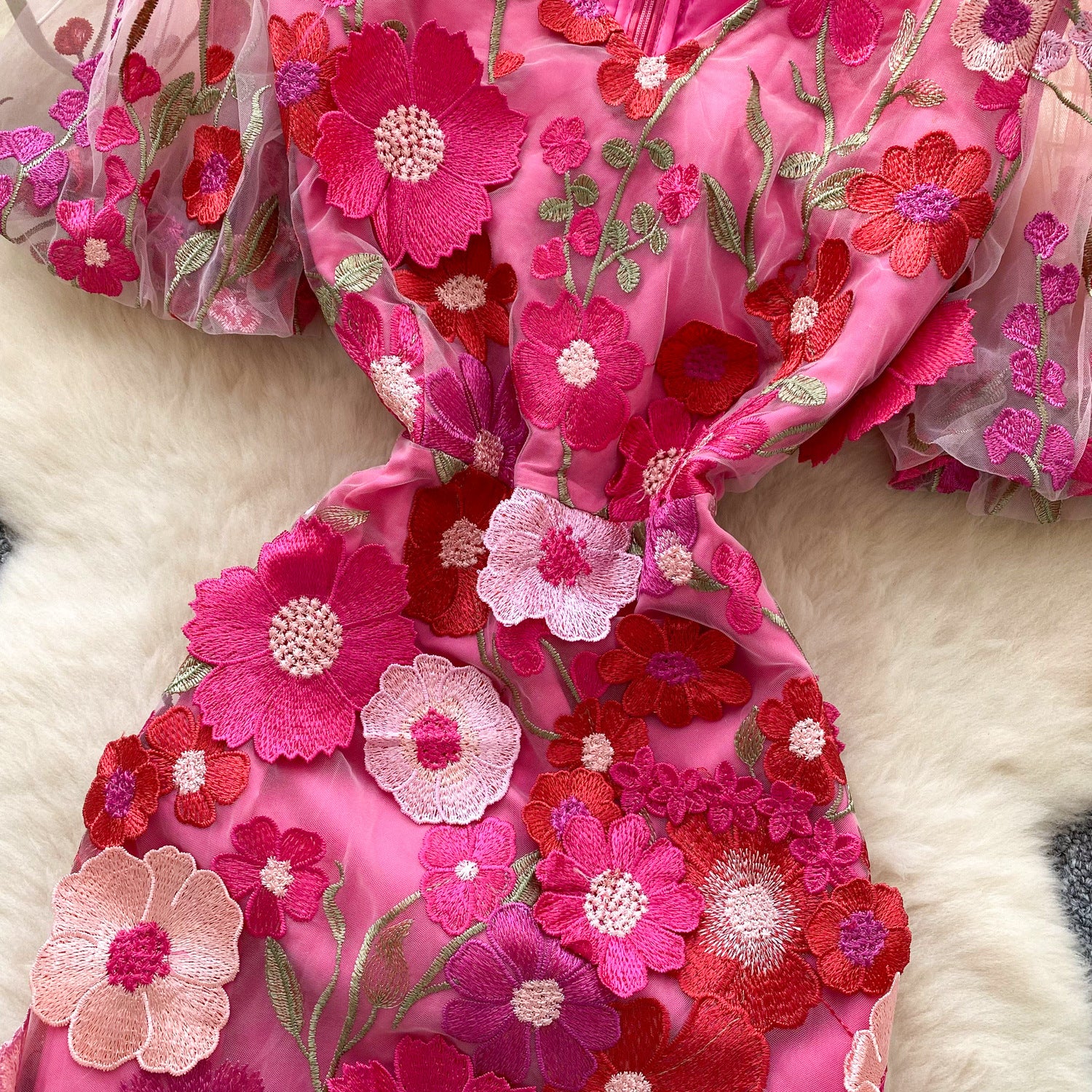 Women's  Luxury Embroidery Mesh Puff Sleeve Slim Waist Short Chic Dress 22